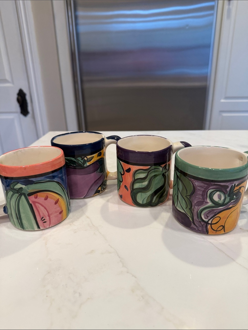 Set of 4 Vicki Carroll Hand-Painted Ceramic Fruit/Veg Pattern Coffee Mugs Signed